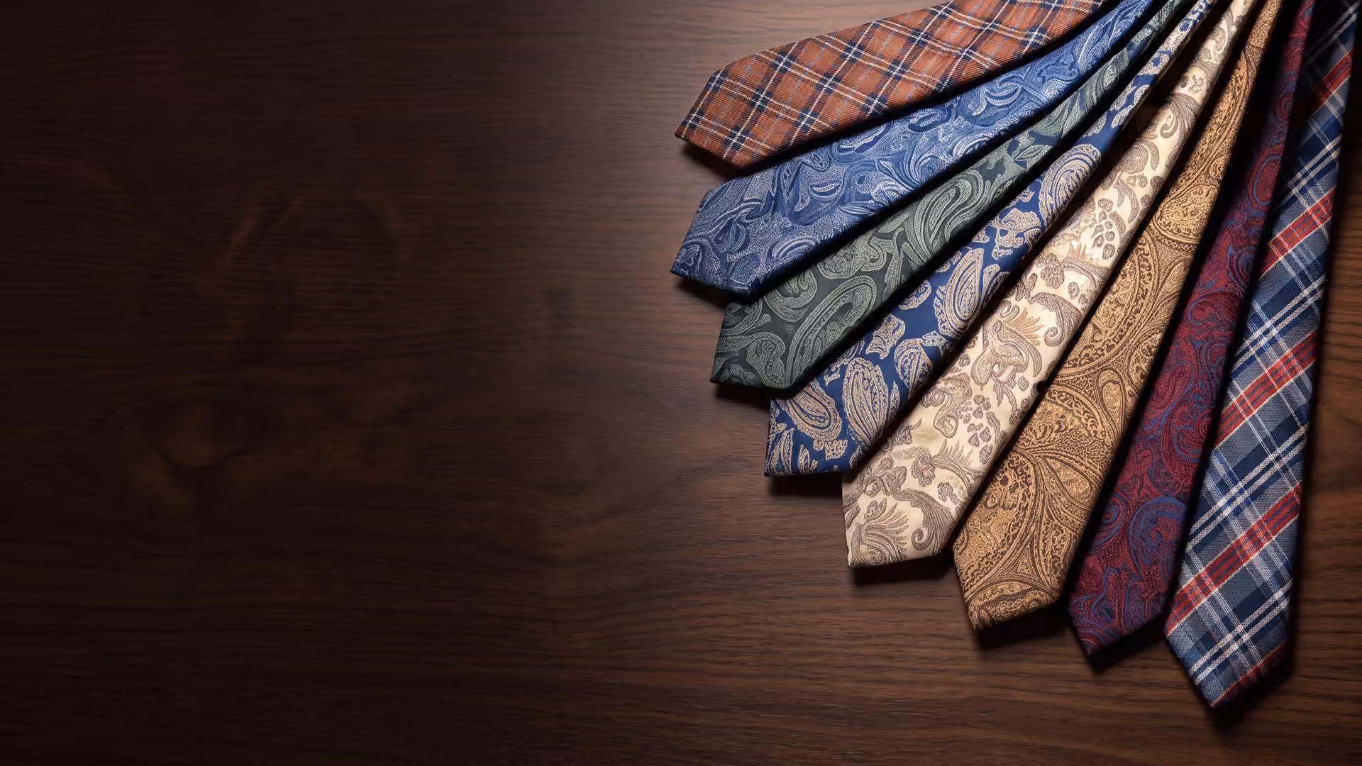 Leque de gravatas de seda estampadas sobre mesa de madeira escura